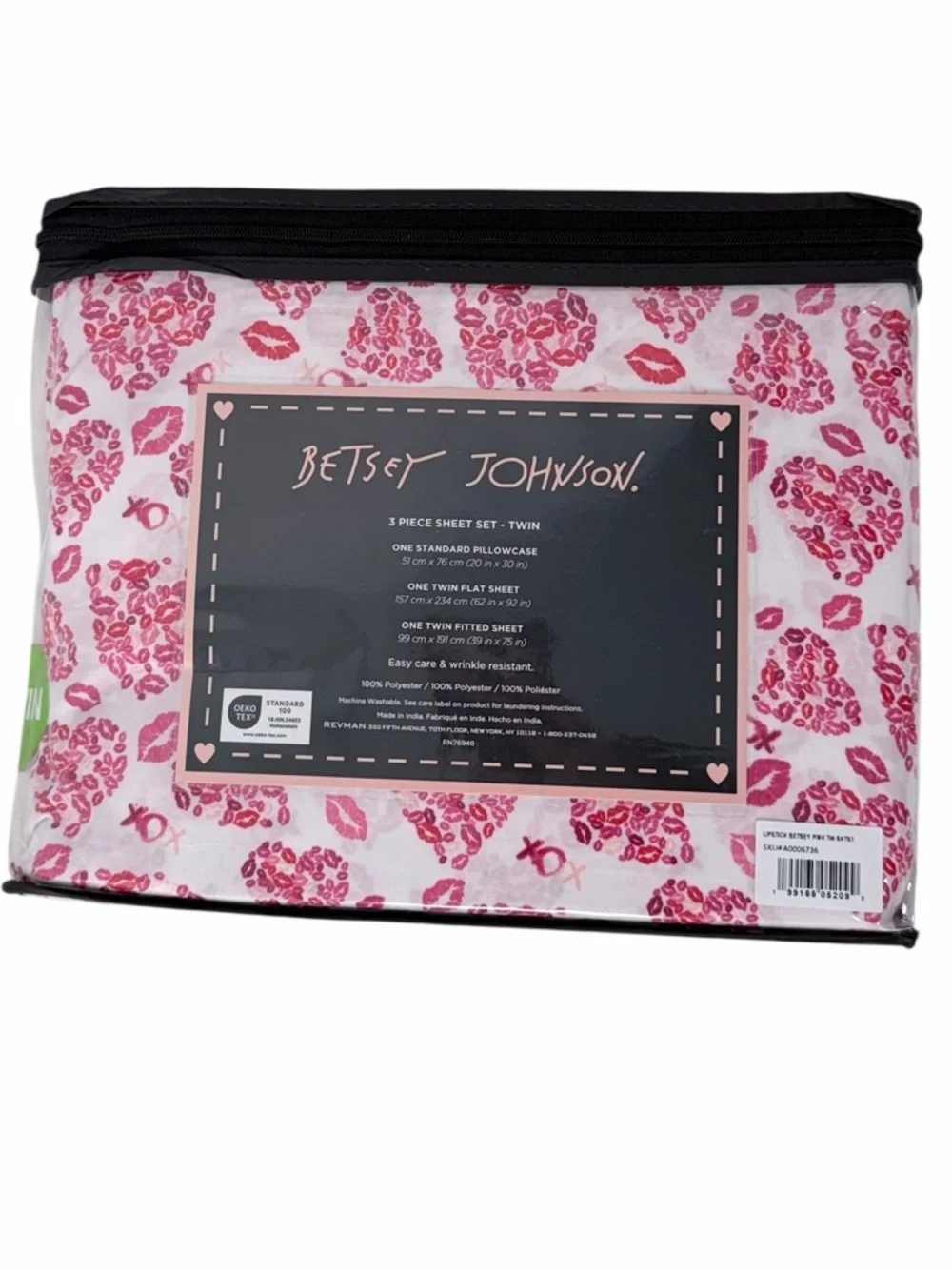 Betsey Johnson Twin Sheet Set Pink Lips Heart XO Print 3 Piece Bedding